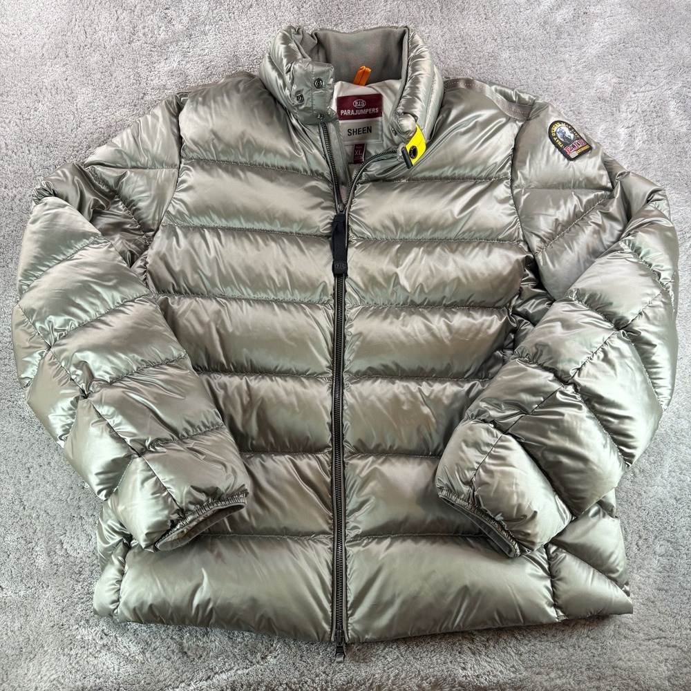 Parajumpers PJS Sheen Puffer Jacket Womens XL Gray Metallic Full Zip Down Coat